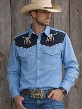 High Noon Western pearl  bulls skull buttons embroidered cowboy Rodeo size M